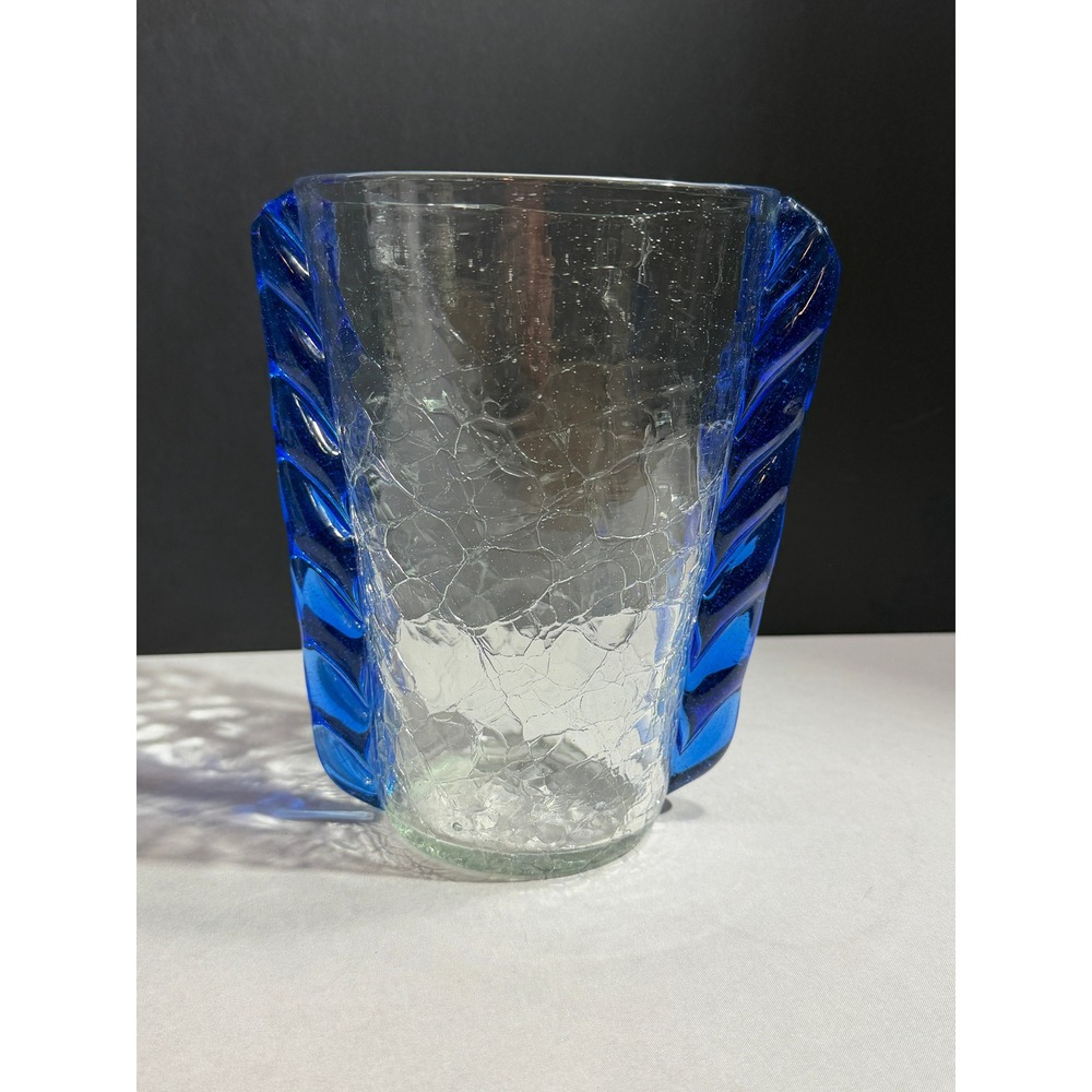 Vintage Blenko Crackle Glass Vase With Cobalt Blue Ribbed Wing Handles 473